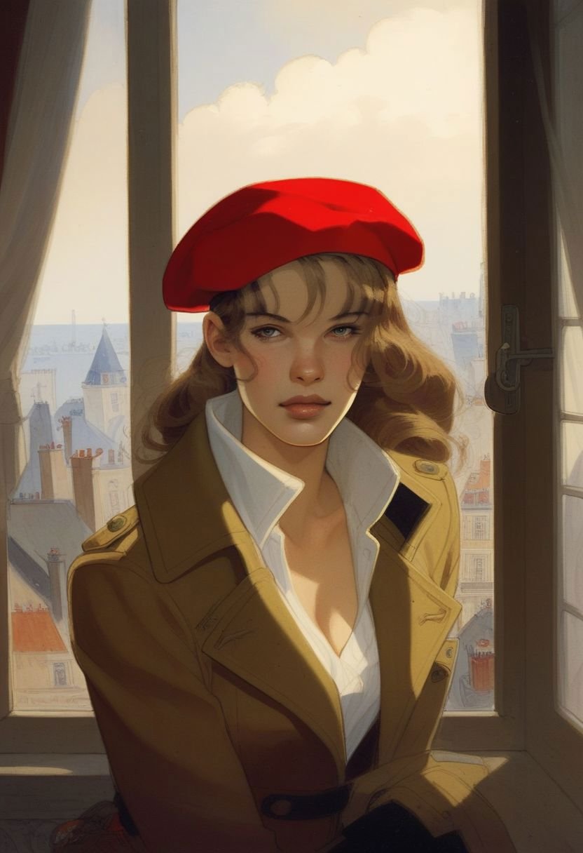 score_9, score_8_up, score_7_up, A woman, window, looking at viewer, beret, by Jean-Pierre Gibrat