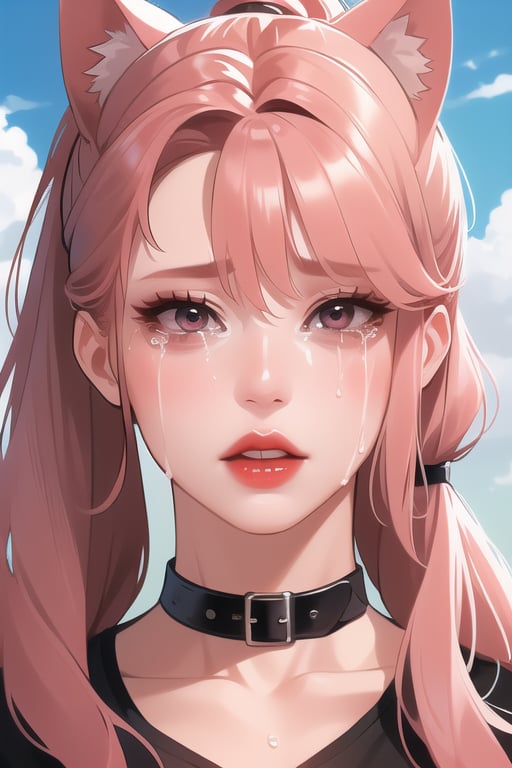 unlock, 1girl, solo, long hair, looking at viewer, animal ears, ponytail, pink hair, parted lips, sky, choker, cloud, cat ears, tears, collar, lips, fake animal ears, crying, crying with eyes open, red lips