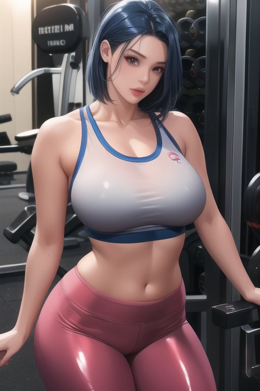 1girl,solo,Woman wearing gym clothes,,unlock,shiny skin, blue medium hair, mexican,looking_at_viewer,thick