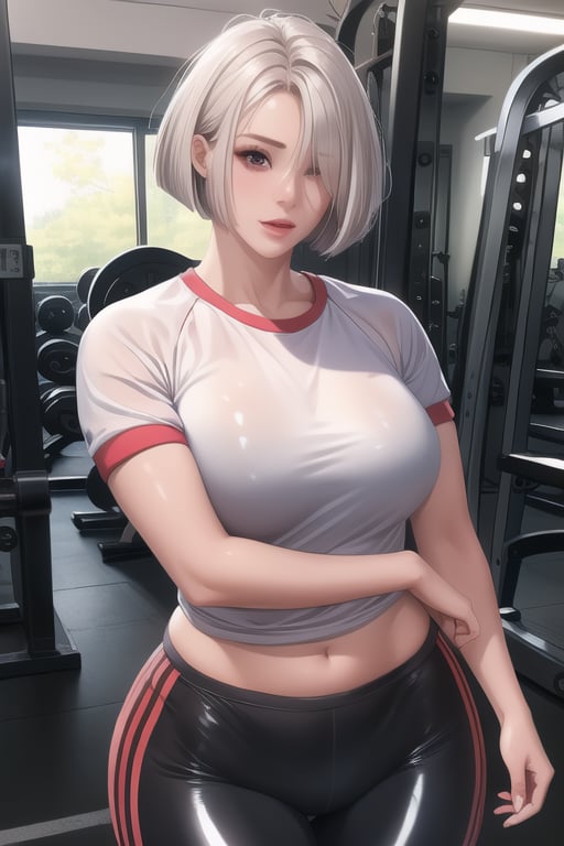 1girl,solo,Woman wearing gym clothes,,unlock,shiny skin,white medium hair, mexican,looking_at_viewer,thick,hair_over_one_eye,shiny_skin,shiny_hair,glistening_skin,bob_cut