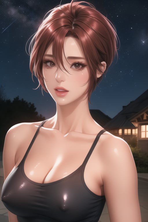 unlock, 1girl, solo, looking at viewer, short hair, large breasts, brown hair, cleavage, hair between eyes, bare shoulders, brown eyes, collarbone, upper body, outdoors, parted lips, sky, shiny, artist name, covered nipples, lips, shiny skin, eyelashes, night, flying sweatdrops, tank top, star (sky), night sky, camisole, starry sky,red_hair