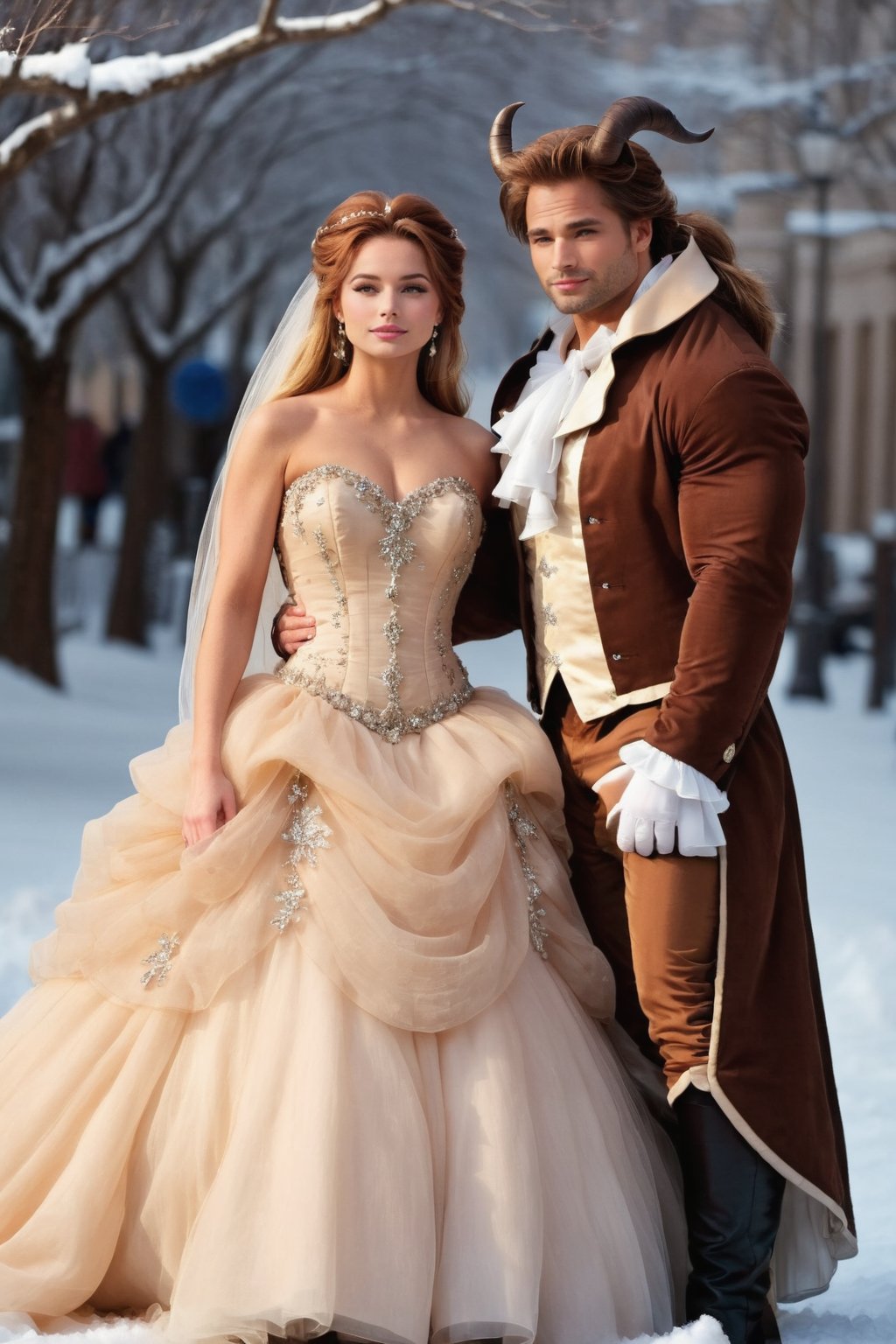 (Manhattan streets:1.3) 1girl, 1boy, full body bridal photograph of Lyr1cl3igh (with groom Josh Holloway:1.2), tiara, W3dd1ng, blonde romantic half up half down bridal hairstyle, veil, (brown 3 piece suit:1.9), front view, strapless, ice blue crystal embellished corset bodice, basque waist, (beauty and the beast inspired:1.6),) (Gathered pickups:1.9) voluminous layered organza, split gathered silk overskirt, (hip swags:0.8), pannier inspired, embroidered lace underskirt, beaded embroidery, 3d appliques, side view, (ivory ball gown:1.2), draping, ivory opera gloves, bustled back, dramatic train, standing, winter, snow<lora:EMS-256742-EMS:1.000000>, <lora:EMS-324197-EMS:1.000000>, <lora:EMS-306915-EMS:0.800000>
