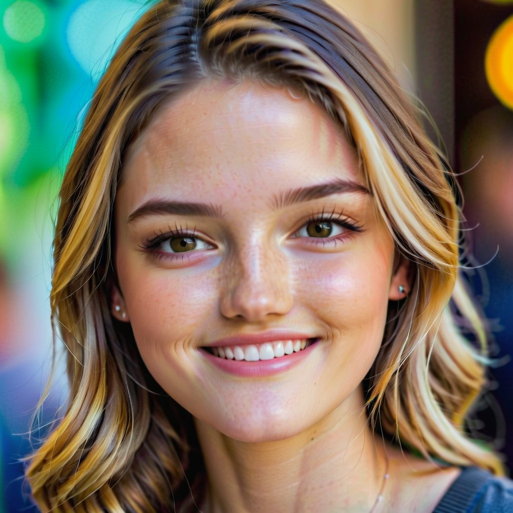 portrait photograph of a 22yo woman, smiling expression, blurry_background, viewed_from_side