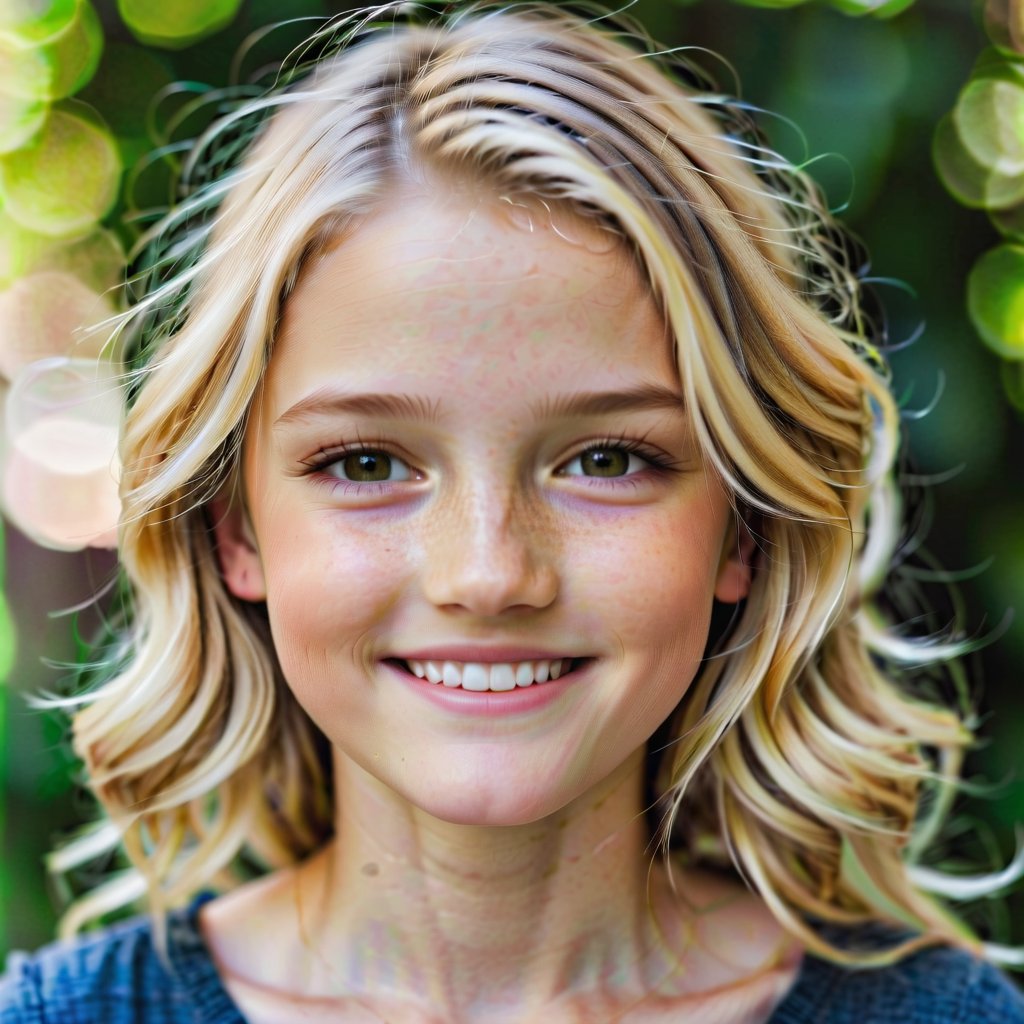 portrait photograph of a 10yo woman, blonde, smiling expression, blurry_background, viewed_from_side