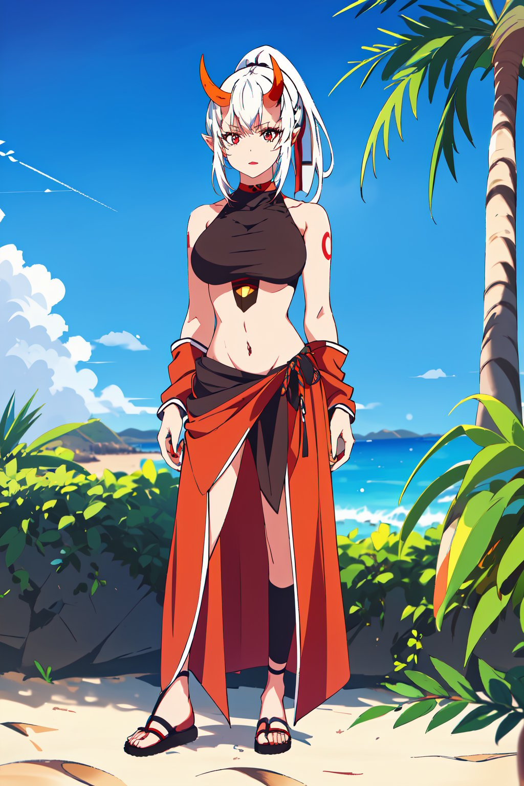 {best quality},masterpiece,illustration,portrait,(solo),white hair,ponytail,(very long hair),hair ribbon,oni girl,oni horns,red_eyes,pointy ears,crop top,large_breast,bare shoulders,navel,midriff,sandals,(full_body),incredibly absurdres,standing,highres,(armpit),fcloseup,outdoor,beach,palm_trees,