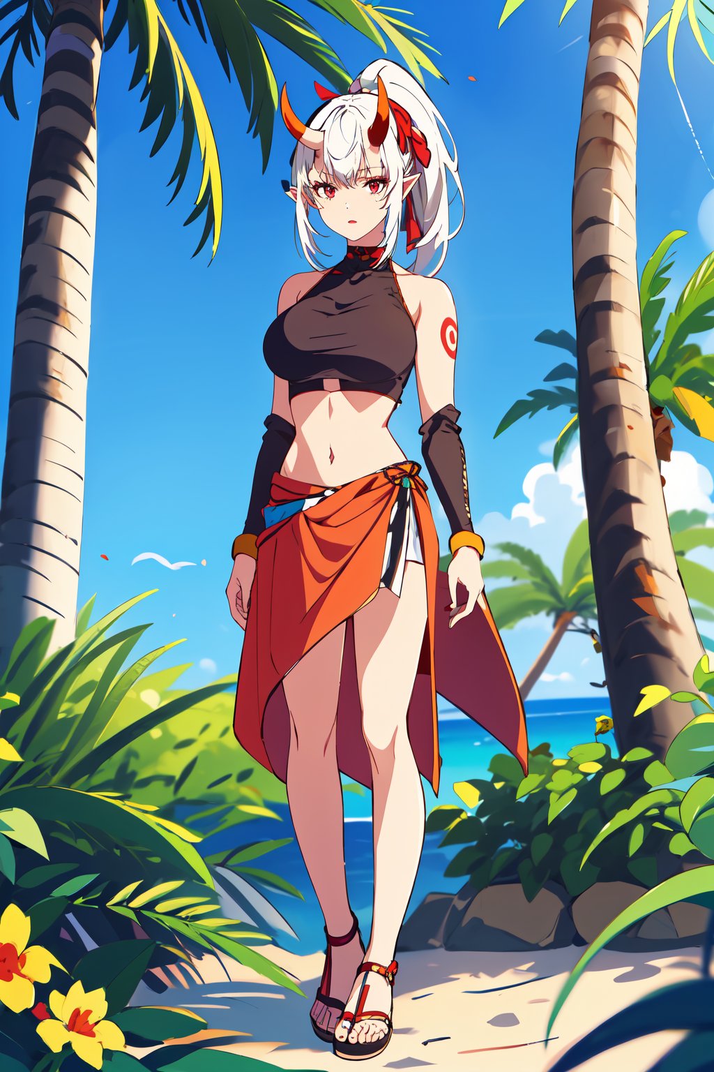 {best quality},masterpiece,illustration,portrait,(solo),white hair,ponytail,(very long hair),hair ribbon,oni girl,oni horns,red_eyes,pointy ears,crop top,large_breast,bare shoulders,navel,midriff,sandals,(full_body),incredibly absurdres,standing,highres,(armpit),fcloseup,outdoor,beach,palm_trees,