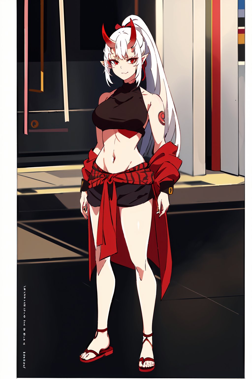 {best quality},masterpiece,illustration,portrait,(solo),white hair,ponytail,very long hair,hair ribbon,oni girl,oni horns,red_eyes,pointy ears,crop top,large_breast,bare shoulders,navel,midriff,sandals,(full_body),incredibly absurdres,standing,highres,Gugu