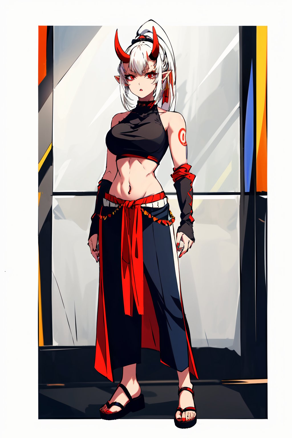 {best quality},masterpiece,illustration,portrait,(solo),white hair,ponytail,very long hair,hair ribbon,oni girl,oni horns,red_eyes,pointy ears,crop top,large_breast,bare shoulders,navel,midriff,sandals,(full_body),incredibly absurdres,standing,highres,