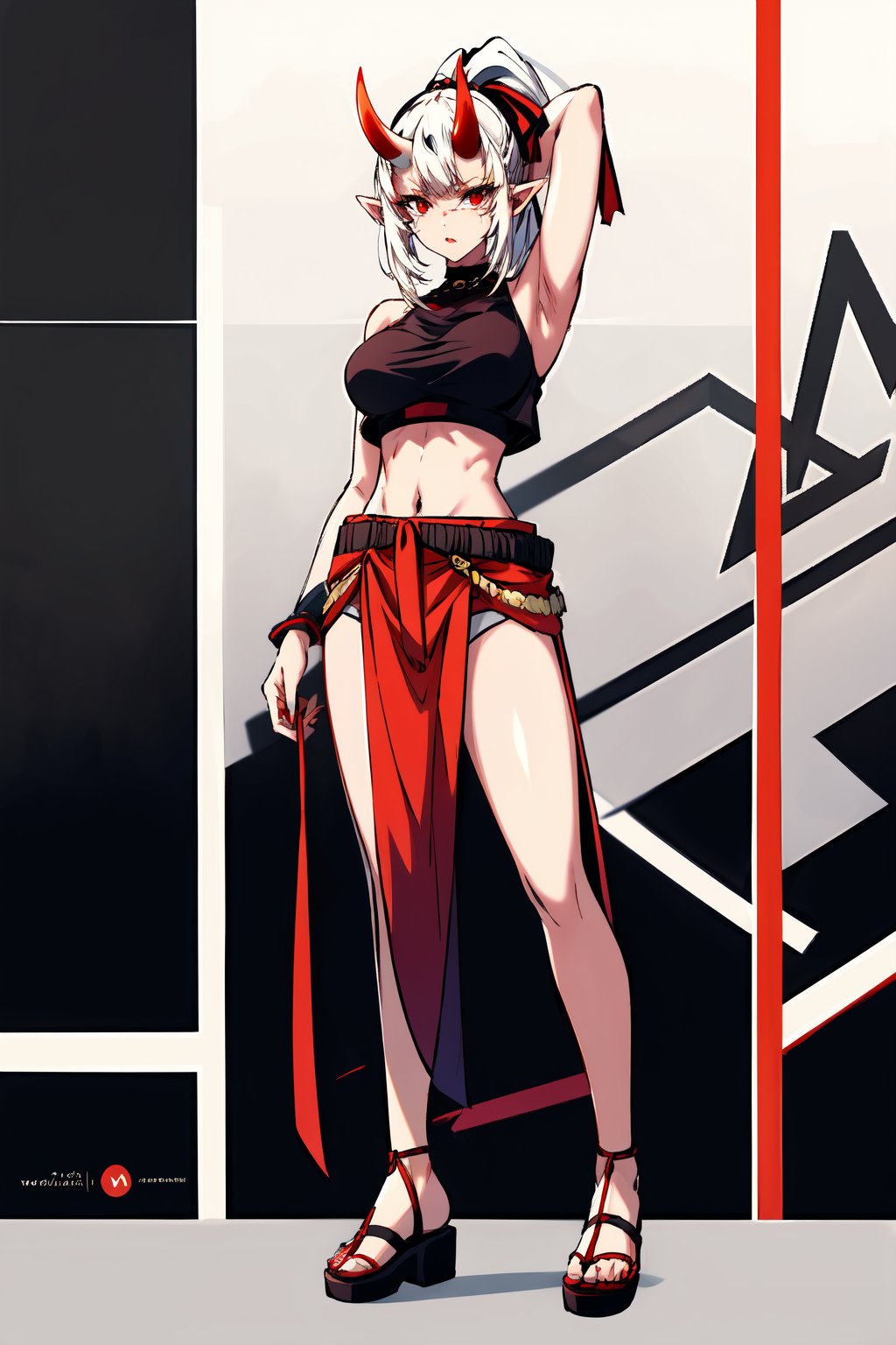 {best quality},masterpiece,illustration,portrait,(solo),white hair,ponytail,very long hair,hair ribbon,thigh,oni girl,oni horns,red_eyes,pointy ears,crop top,large_breast,bare shoulders,navel,midriff,sandals,(full_body),incredibly absurdres,standing,highres,armpit