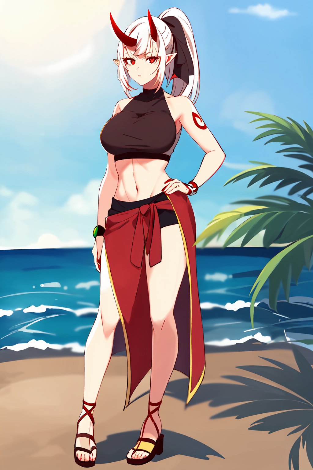 {best quality},masterpiece,illustration,portrait,(solo),white hair,ponytail,very long hair,hair ribbon,oni girl,oni horns,red_eyes,pointy ears,crop top,large_breast,bare shoulders,navel,midriff,sandals,(full_body),incredibly absurdres,standing,highres,(armpit),fcloseup,outdoor,beach