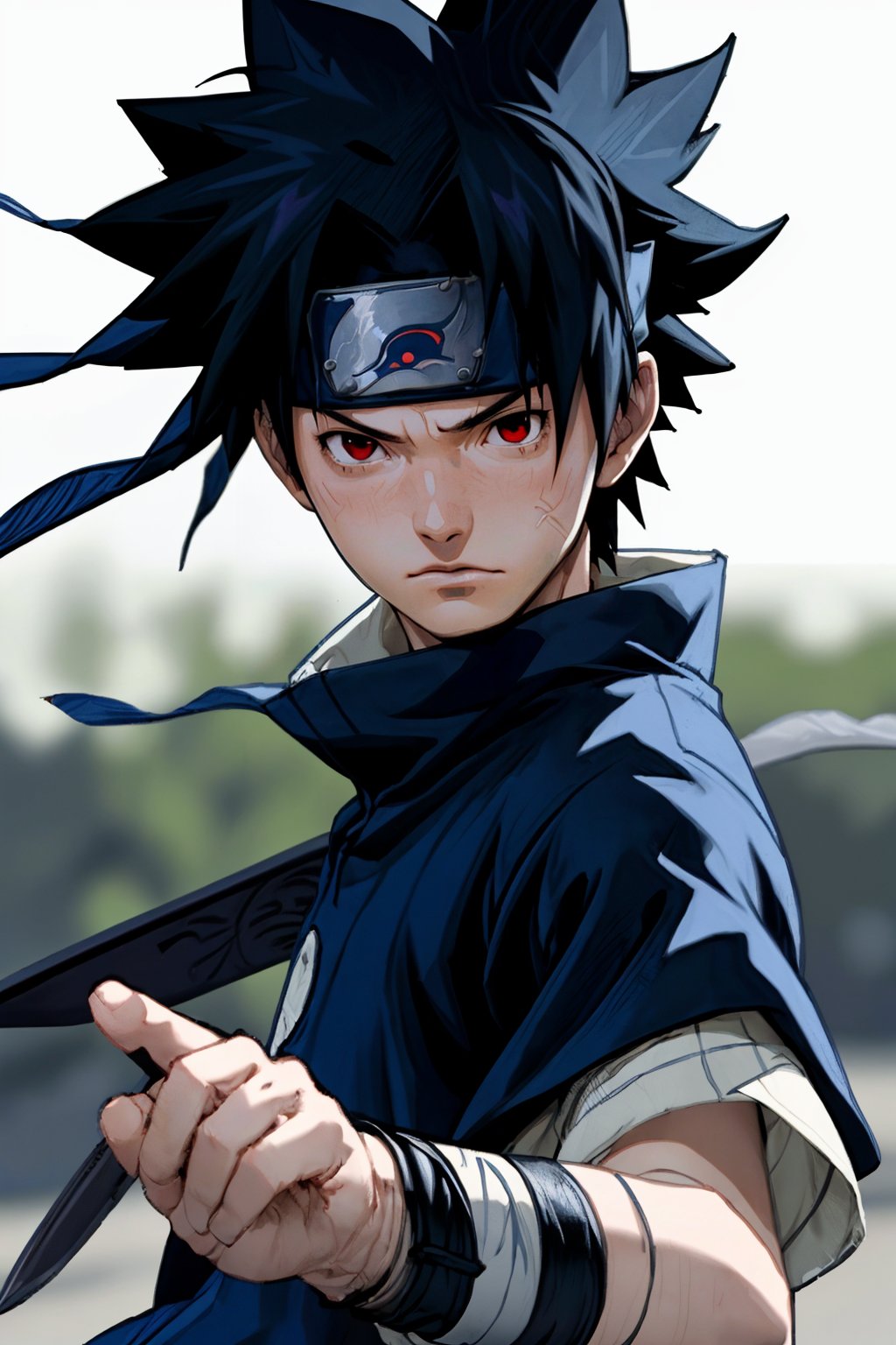 1kid, cinematic film still (best quality, masterpiece:1.2), photorealistic, ultra high res, front lighting, intricate detail, Exquisite details and textures, s4suk3, 1boy,spiked hair, (forehead protector), (headband), weapon, short sleeves, sword, ninja, high collar, (konohagakure symbol), short hair, sheathed, holding, japanese clothes, looking at viewer, detailed face, professional lighting, photon mapping, radiosity, physically-based rendering, . shallow depth of field, vignette, highly detailed, high budget, bokeh, cinemascope,  epic, gorgeous, film grain, grainy, Sasuke, Genin, long hair, beatiful boy, red eyes, with a big star shuriken,uchiha sasuke,Sasukeanime, jumping throwing a punch