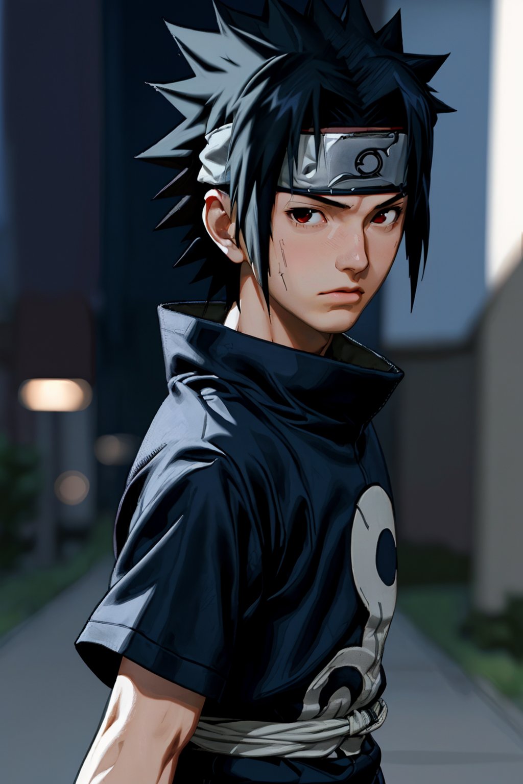 1kid, cinematic film still (best quality, masterpiece:1.2), photorealistic, ultra high res, front lighting, intricate detail, Exquisite details and textures, s4suk3, 1boy,spiked hair, (forehead protector), (headband), weapon, short sleeves, sword, ninja, high collar, (konohagakure symbol), short hair, sheathed, holding, japanese clothes, looking at viewer, detailed face, professional lighting, photon mapping, radiosity, physically-based rendering, . shallow depth of field, vignette, highly detailed, high budget, bokeh, cinemascope,  epic, gorgeous, film grain, grainy, Sasuke, Genin, long hair, beatiful boy, red eyes, with a big star shuriken,uchiha sasuke,Sasukeanime