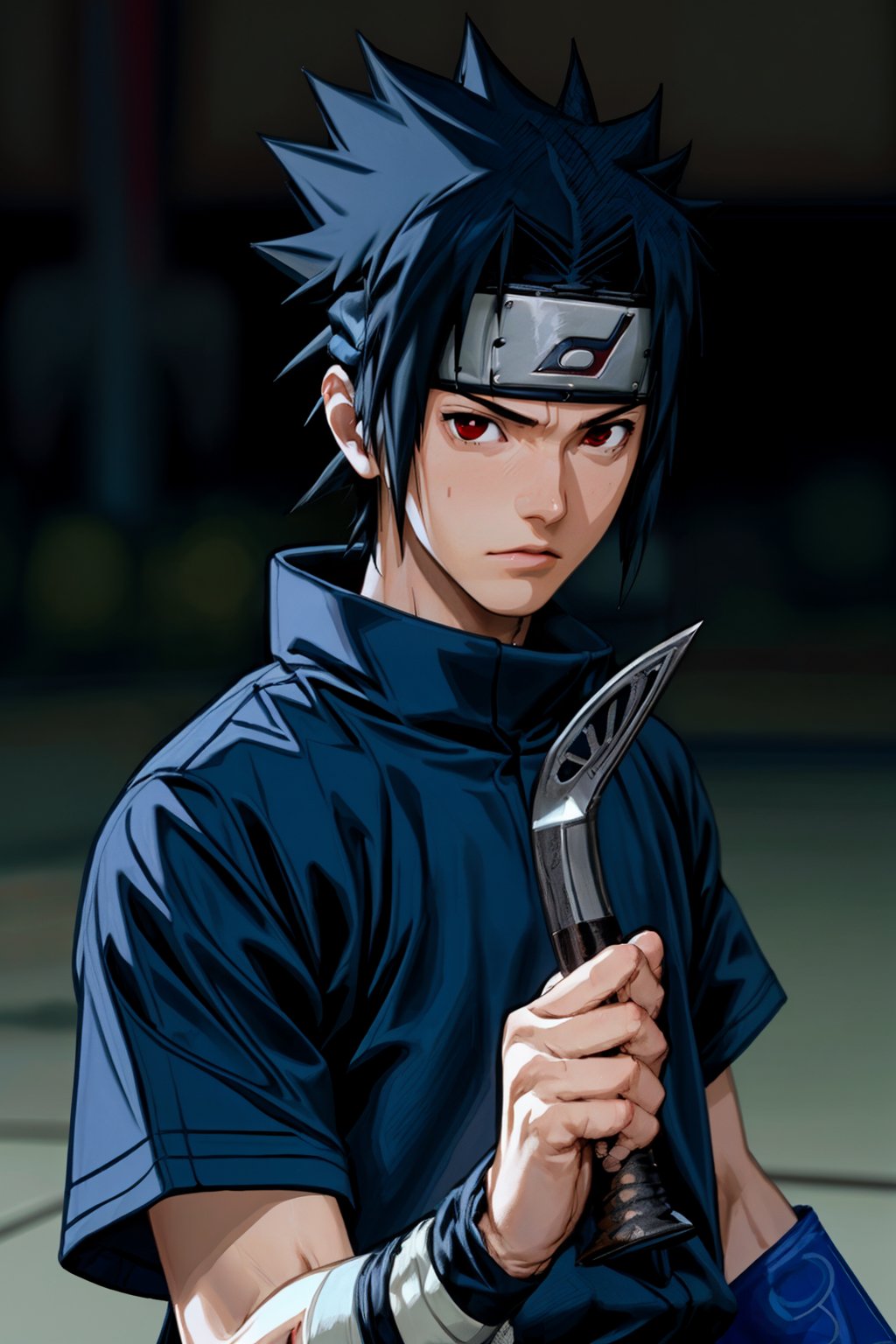 1kid, cinematic film still (best quality, masterpiece:1.2), photorealistic, ultra high res, front lighting, intricate detail, Exquisite details and textures, s4suk3, 1boy,spiked hair, (forehead protector), (headband), weapon, short sleeves, sword, ninja, high collar, (konohagakure symbol), short hair, sheathed, holding, japanese clothes, looking at viewer, detailed face, professional lighting, photon mapping, radiosity, physically-based rendering, . shallow depth of field, vignette, highly detailed, high budget, bokeh, cinemascope,  epic, gorgeous, film grain, grainy, Sasuke, Genin, long hair, beatiful boy, red eyes, with a big star shuriken,uchiha sasuke,Sasukeanime