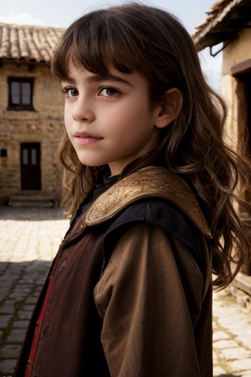 hermione11granger, photograph of cute 1girl, age 12,  brown long wavy hair, bangs, front view, dark fantasy, adventurer clothes, in a village, shoulder level view, (masterpiece), photorealistic, UHD, (best quality), realistic skin, skin pores