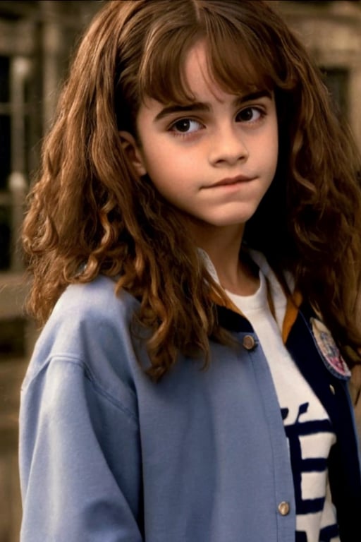 (hermione11granger), film still of cute 1girl, age 12,  brown long wavy hair, bangs, looking to the side, jacket, tshirt, in school, shoulder level view, (masterpiece), photorealistic, UHD, (best quality), realistic skin, skin pores