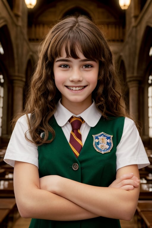 hermione11granger, photograph of cute 1girl, age 12,  brown long wavy hair, bangs, smiling, teeth, green Hogwart’s school uniform, four leaf clovers, at Hogwart’s grand hall, (masterpiece), photorealistic, UHD, (best quality), realistic skin, skin pores