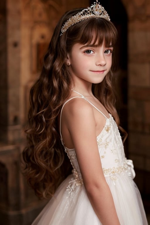 hermione11granger, photograph of cute 1girl, age 12,  brown long wavy hair, bangs, tiara, front view, looking at viewer, princess dress, full body, in a castle, (masterpiece), photorealistic, UHD, (best quality), realistic skin, skin pores