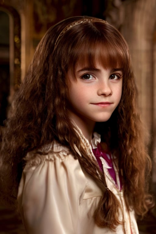 (hermione11granger), photograph of cute 1girl, age 12,  brown long wavy hair, bangs, tiara, front view, looking at viewer, princess dress, full body, in a castle, (masterpiece), photorealistic, UHD, (best quality), realistic skin, skin pores