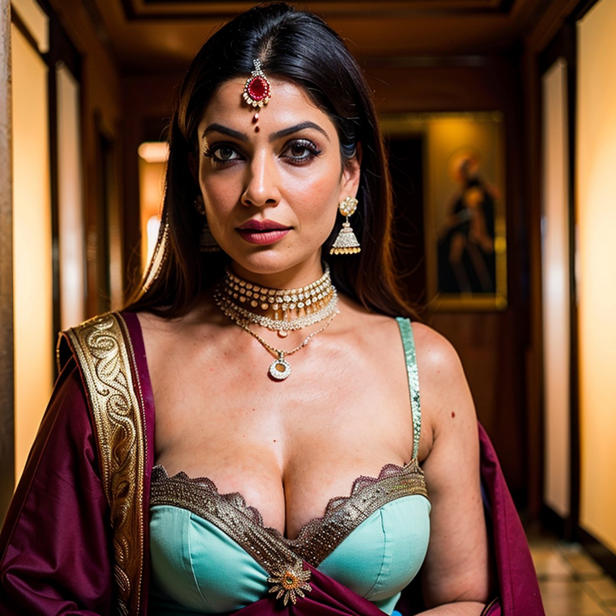 erotic portrait of a naked enchantress,  masterpiece, flawless composition, crystal clear quality, ((indian jewelry, necklace, choker, earrings, nosepin)),  upper body shot,((deep cleavage, big boobs, busty)), Long Curly Hair, , soft natural light,,(cool colors),  reflection, masterpiece) (perfect aspect ratio), (realistic photo), (best quality), (detailed) photographed on a Canon EOS R5, 50mm lens, F/2.8, HDR, (8k) (wallpaper) (cinematic lighting) (dramatic lighting) (sharp focus) (intricate), RAW photo, RAW photo, gigachad photo,8k uhd, dslr, high quality, film grain, Fujifilm XT3, extremely detailed,photorealistic, realistic,incredibly absurd, highly detailed, sharp focus,(Professional Studio Lighting),(Professional Color Grading), Edge Lighting,Dramatic lighting,Cinematic lighting,Lumen reflections, Soft natural lighting, Soft color, Photon mapping, Radiosity, hyperrealistic, (analog quality:1.3), (film grain:1.2), beautiful background, (best quality:1.3), ultra clarity , super realism , 8k, (natural skin texture, hyperrealism, soft light, sharp:1.2), (intricate details:1.12), hdr, (dark shot:1.33), neutral colors, (hdr:1.4), (muted colors:1.5), technicolor, (intricate), (night:1.4), hyperdetailed, dramatic, intricate details, (cinematic),super realism , 8k, (natural skin texture, hyperrealism, soft light, sharp:1.2), (intricate details:1.12), hdr, (dark shot:1.22), vibrant colors, (hdr:1.4), (vibrant colors:1.4), (intricate), (artstation:1.2), hyperdetailed, dramatic, intricate details, (technicolor:0.9), (rutkowski:0.8), cinematic, detailed, realism