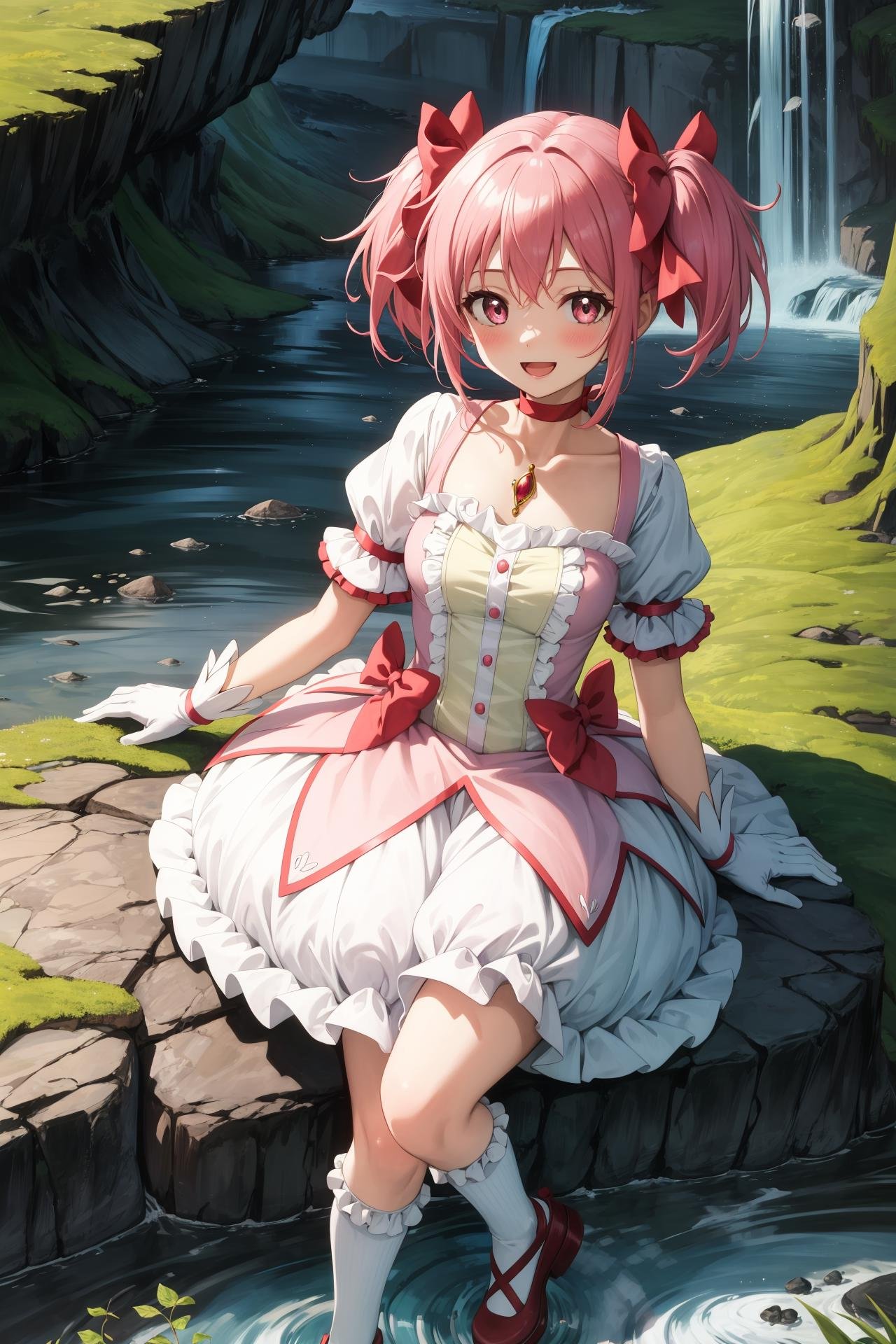 masterpiece, best quality, highres,MadokaAi, 1girl, solo, pink hair, pink eyes, short hair, bangs, short twintails, flat chest, breasts, blush, smile, open mouth, large breasts, bow, ribbon, twintails, hair ribbon, hair bow, symbol-shaped pupils, red ribbon, pink bow,gloves, white gloves, frilled sleeves, collarbone, soul gem, skirt, dress, shoes, buttons, choker, socks, puffy sleeves, ribbon choker, red choker, puffy short sleeves, frills, choker, cosplay, rose, magical girl, bubble skirt, kaname madoka,sitting, arm support, leaning back, cowboy shot, looking at viewer, outdoors, cave, darkness, shadow, stalactite, <lora:Madoka:1>
