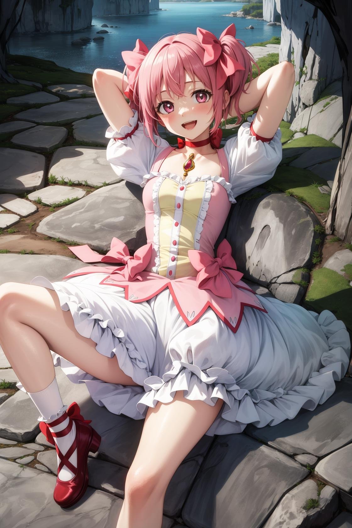 masterpiece, best quality, highres,MadokaAi, 1girl, solo, pink hair, pink eyes, short hair, bangs, short twintails, flat chest, breasts, blush, smile, open mouth, large breasts, bow, ribbon, twintails, hair ribbon, hair bow, symbol-shaped pupils, red ribbon, pink bow,gloves, white gloves, frilled sleeves, collarbone, soul gem, skirt, dress, shoes, buttons, choker, socks, puffy sleeves, ribbon choker, red choker, puffy short sleeves, frills, choker, cosplay, rose, magical girl, bubble skirt, kaname madoka,lying, on back, spread legs, skirt lift, panties, cameltoe, cowboy shot, looking at viewer, arms behind head, arms up, outdoors, cave, darkness, shadow, stalactite, <lora:Madoka:1>