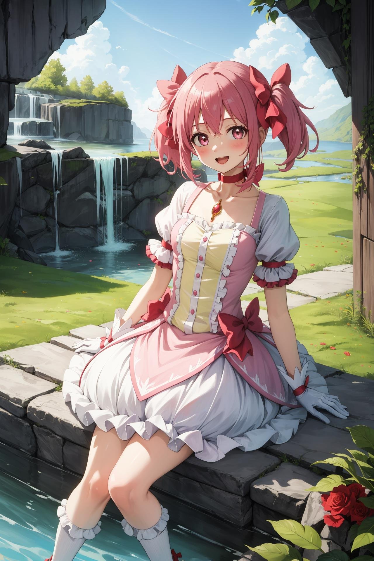 masterpiece, best quality, highres,MadokaAi, 1girl, solo, pink hair, pink eyes, short hair, bangs, short twintails, flat chest, breasts, blush, smile, open mouth, large breasts, bow, ribbon, twintails, hair ribbon, hair bow, symbol-shaped pupils, red ribbon, pink bow,gloves, white gloves, frilled sleeves, collarbone, soul gem, skirt, dress, shoes, buttons, choker, socks, puffy sleeves, ribbon choker, red choker, puffy short sleeves, frills, choker, cosplay, rose, magical girl, bubble skirt, kaname madoka,sitting, arm support, leaning back, cowboy shot, looking at viewer, outdoors, cave, darkness, shadow, stalactite, <lora:Madoka:1>