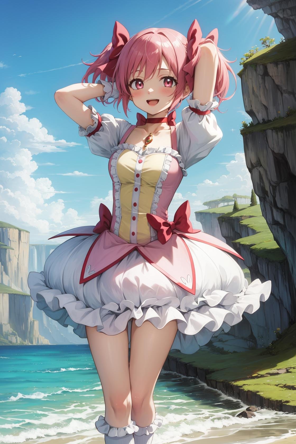 masterpiece, best quality, highres,MadokaAi, 1girl, solo, pink hair, pink eyes, short hair, bangs, short twintails, flat chest, breasts, blush, smile, open mouth, large breasts, bow, ribbon, twintails, hair ribbon, hair bow, symbol-shaped pupils, red ribbon, pink bow,gloves, white gloves, frilled sleeves, collarbone, soul gem, skirt, dress, shoes, buttons, choker, socks, puffy sleeves, ribbon choker, red choker, puffy short sleeves, frills, choker, cosplay, rose, magical girl, bubble skirt, kaname madoka,cowboy shot, looking at viewer, arms behind head, arms up, outdoors, cave, darkness, shadow, stalactite, <lora:Madoka:1>