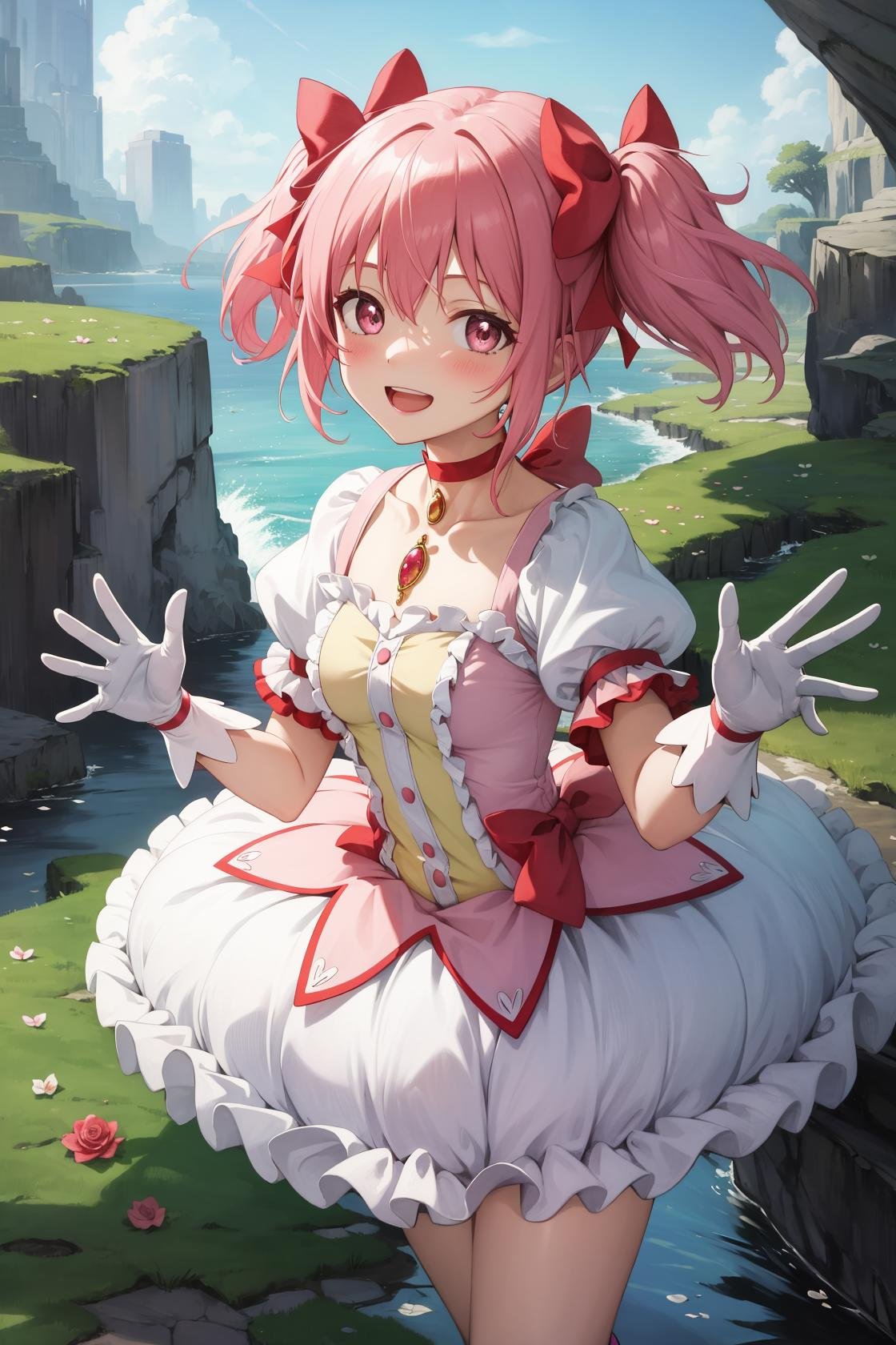 masterpiece, best quality, highres,MadokaAi, 1girl, solo, pink hair, pink eyes, short hair, bangs, short twintails, flat chest, breasts, blush, smile, open mouth, large breasts, bow, ribbon, twintails, hair ribbon, hair bow, symbol-shaped pupils, red ribbon, pink bow,gloves, white gloves, frilled sleeves, collarbone, soul gem, skirt, dress, shoes, buttons, choker, socks, puffy sleeves, ribbon choker, red choker, puffy short sleeves, frills, choker, cosplay, rose, magical girl, bubble skirt, kaname madoka,upper body, looking at viewer, waving, waving arms, outdoors, cave, darkness, shadow, stalactite, <lora:Madoka:1>