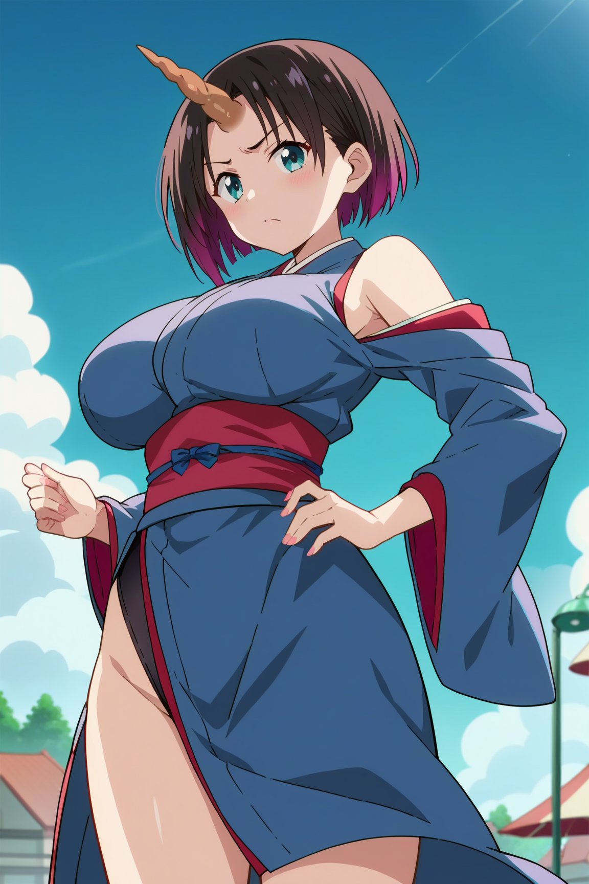 uncensored,score_9, score_8_up, score_7_up, score_6_up, score_5_up, score_4_up, BREAK source_anime, anime screencap,masterpiece, best quality, perfect scenery, perfect lighting


elma, 1girl, solo, blue kimono, black leotard, brown scarf, red sash, bare legs, single horn, short hair,large breast,blue pelvic curtain, bare shoulders,blue ribbon, japanese clothes
