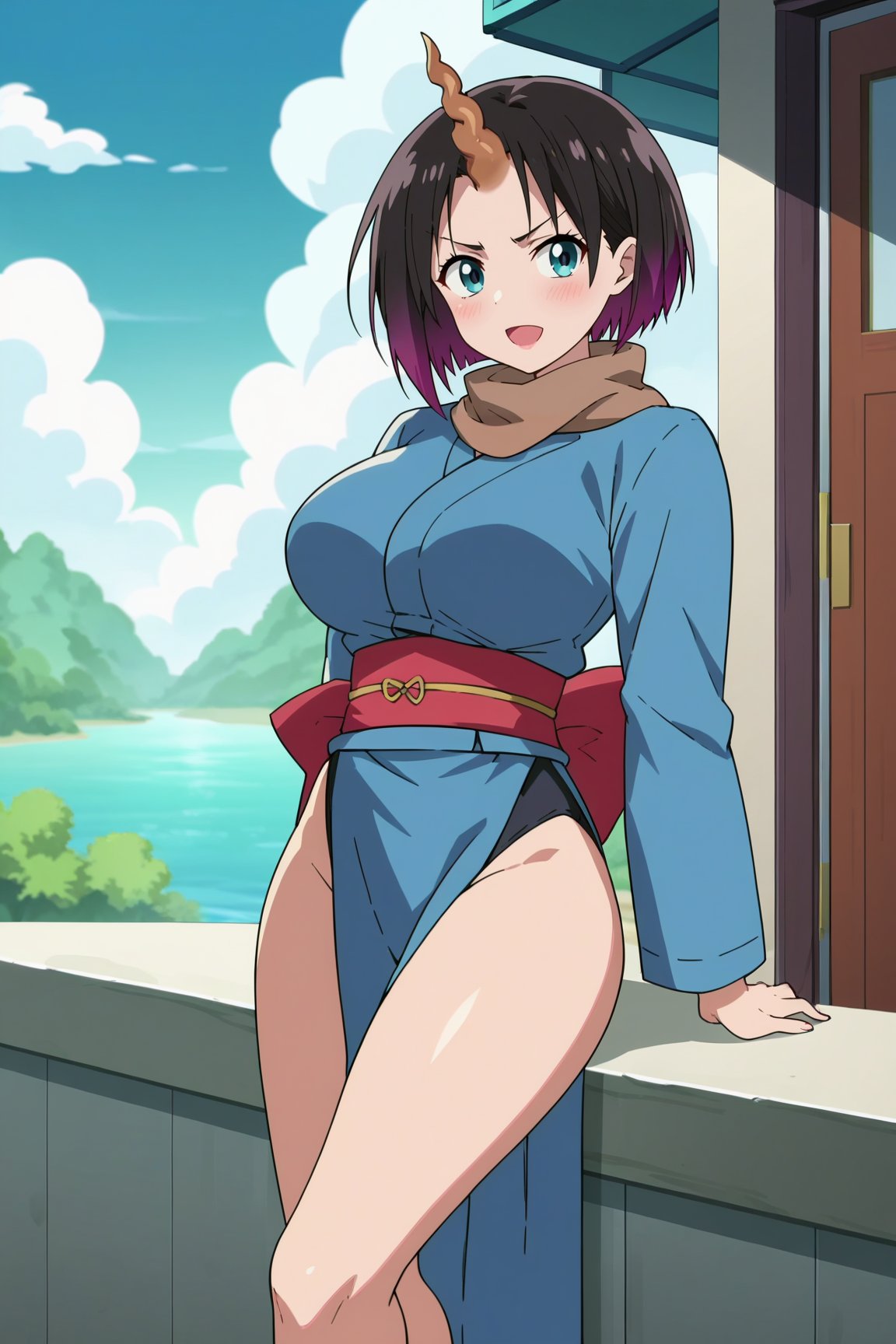 uncensored,score_9, score_8_up, score_7_up, score_6_up, score_5_up, score_4_up, BREAK source_anime, anime screencap,masterpiece, best quality, perfect scenery, perfect lighting


elma, 1girl, solo, blue kimono, black leotard, brown scarf, red sash, bare legs, single horn, short hair,large breast,blue pelvic curtain
