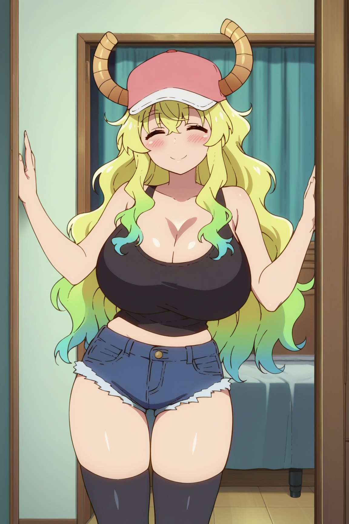 uncensored,score_9, score_8_up, score_7_up, score_6_up, score_5_up, score_4_up, BREAK source_anime, anime screencap,masterpiece, best quality, perfect scenery, perfect lighting


lucoa,horns through headwear, horns, thighhighs, solo, closed eyes, hat, shorts, long hair, multicolored hair, smile, black thighhighs, tank top, baseball cap, green hair, blonde hair, dragon horns, dragon girl, gradient hair, blush, pink headwear, denim shorts, standing, short shorts, door, indoors, denim, closed mouth, cleavage, blue shorts, huge breasts, black tank top, wavy hair, black shirt,completely nude