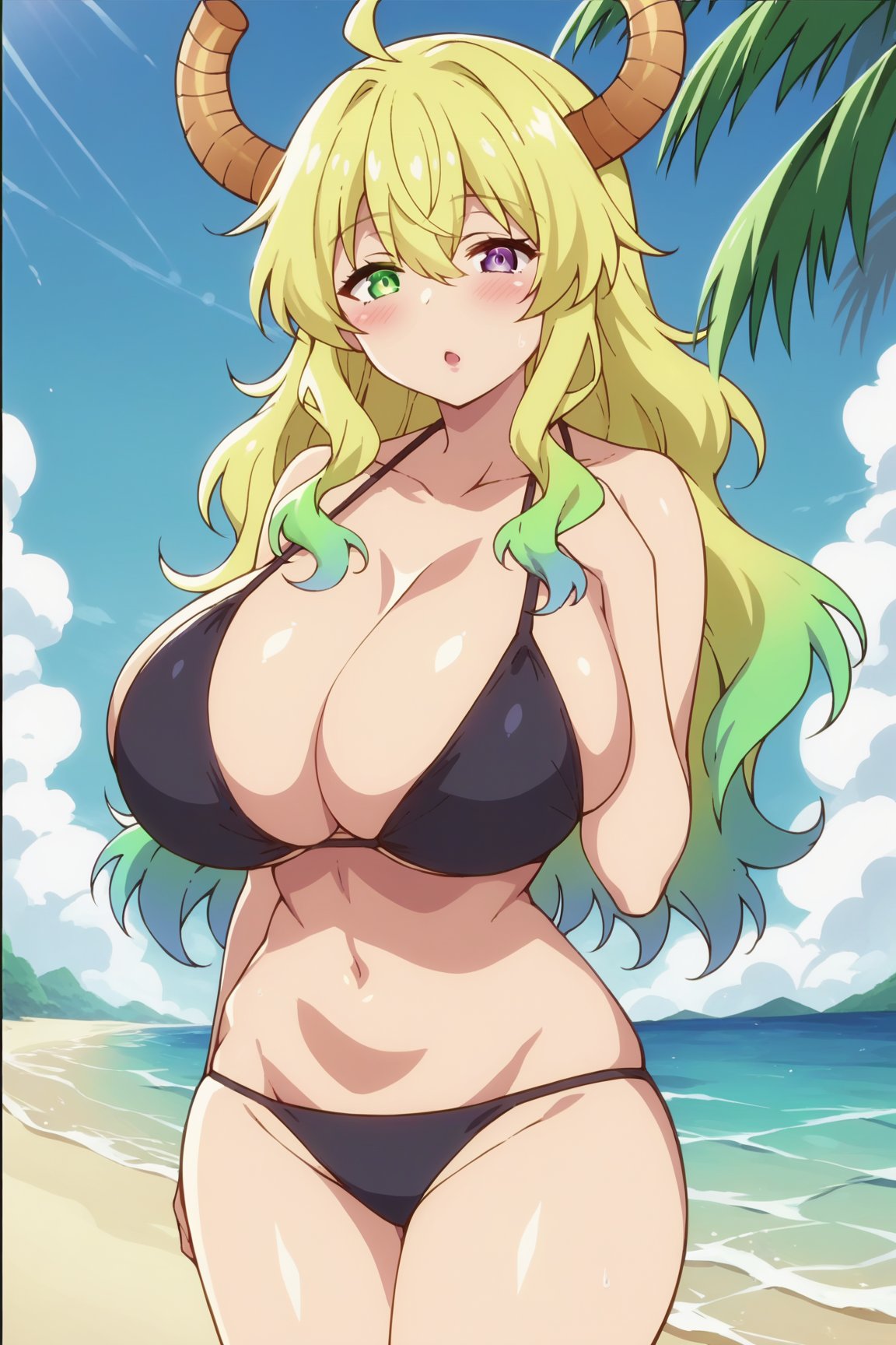 uncensored,score_9, score_8_up, score_7_up, score_6_up, score_5_up, score_4_up, BREAK source_anime, anime screencap,masterpiece, best quality, perfect scenery, perfect lighting

lucoa, blonde hair,gradient hair, green hair, hair between eyes,dragon girl, horns, horns through headwear, huge breasts, multicolored hair,green eyes, purple eyes, yellow pupils, heterochromia,curvy,
outdoors, beach, bikini, ocean,standing,solo,sky,clouds,palm tree,showing breast,black bikini