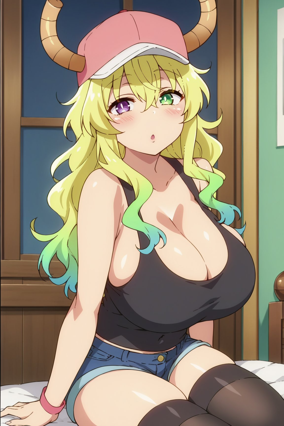 uncensored,score_9, score_8_up, score_7_up, score_6_up, score_5_up, score_4_up, BREAK source_anime, anime screencap,masterpiece, best quality, perfect scenery, perfect lighting

lucoa, blonde hair,gradient hair, green hair, hair between eyes,dragon girl, horns, horns through headwear, huge breasts, multicolored hair,green eyes, purple eyes, yellow pupils, heterochromia,curvy,baseball cap, cap, hat, pink hat, ,black thighhighs, cleavage, pink footwear, thighhighs, shirt, black shirt, sleeveless, covered navel, short shorts, denim shorts, denim, shorts