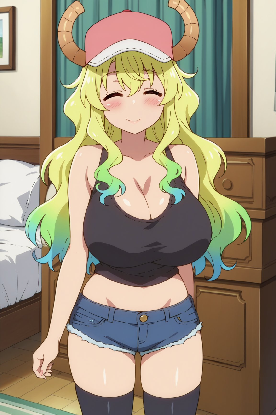 uncensored,score_9, score_8_up, score_7_up, score_6_up, score_5_up, score_4_up, BREAK source_anime, anime screencap,masterpiece, best quality, perfect scenery, perfect lighting


lucoa,horns through headwear, horns, thighhighs, solo, closed eyes, hat, shorts, long hair, multicolored hair, smile, black thighhighs, tank top, baseball cap, green hair, blonde hair, dragon horns, dragon girl, gradient hair, blush, pink headwear, denim shorts, short shorts, denim, cleavage, blue shorts, huge breasts, black tank top, wavy hair, black shirt,completely nude,nude,indoors,bedroom