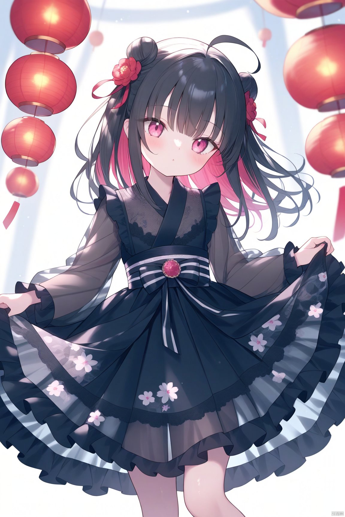 1girl, loli, dress, flower printed, black hair, black dress, heteromonic, dynamic angle, lolita dress, see through, multi layered dress, bangs, ahoge, from sude, multi_colored hair, kimono,, long sleeves, masterpiece, best quality, blurry background, depth of field, onnk