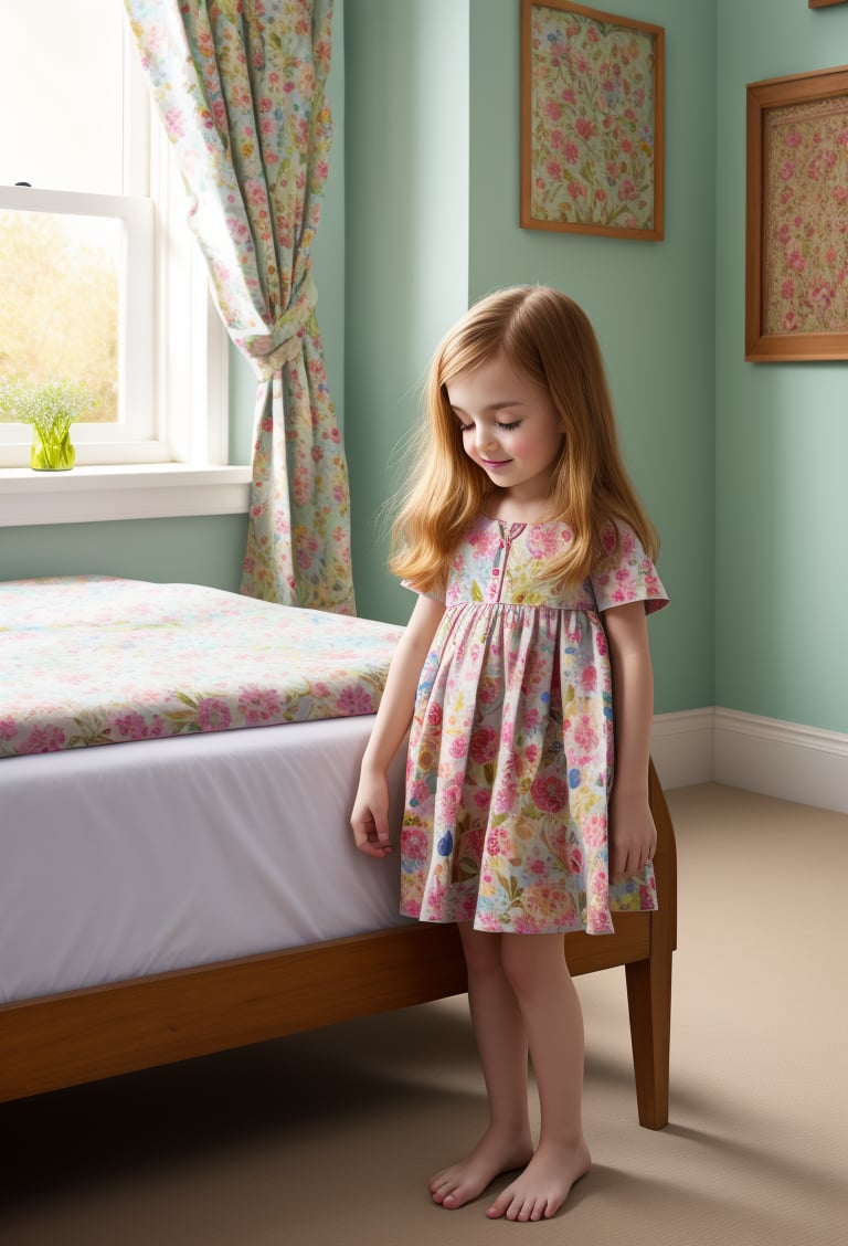 style by william morris art, little girl standing in children's classic bedroom, (high quality, very_high_resolution), floral pattern, vintage, floral pattern, vintage bed, chair, walls, carpets, door, window, nightstand, lamp, alarm clock, teddy, pillow, sheets, bedspread, glass of water,  William Morris Art