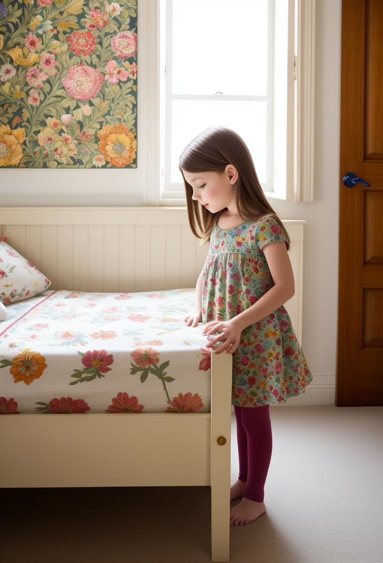 style by william morris art, little girl standing in children's classic bedroom, (high quality, very_high_resolution), floral pattern, vintage, floral pattern, vintage bed, chair, walls, carpets, door, window, nightstand, lamp, alarm clock, teddy, pillow, sheets, bedspread, glass of water,  William Morris Art