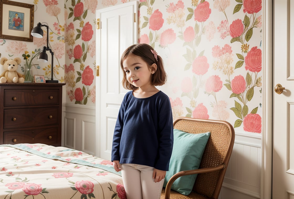 style by william morris art, little girl standing in children's classic bedroom, (high quality, very_high_resolution), floral pattern, vintage, floral pattern, vintage bed, chair, walls, carpets, door, window, nightstand, lamp, alarm clock, teddy, pillow, sheets, bedspread, glass of water,William Morris Art