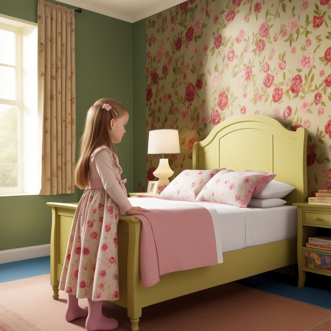 style by william morris art, little girl standing in children's classic bedroom, (high quality, very_high_resolution), floral pattern, vintage, floral pattern, vintage bed, chair, walls, carpets, door, window, nightstand, lamp, alarm clock, teddy, pillow, sheets, bedspread, glass of water,William Morris Art