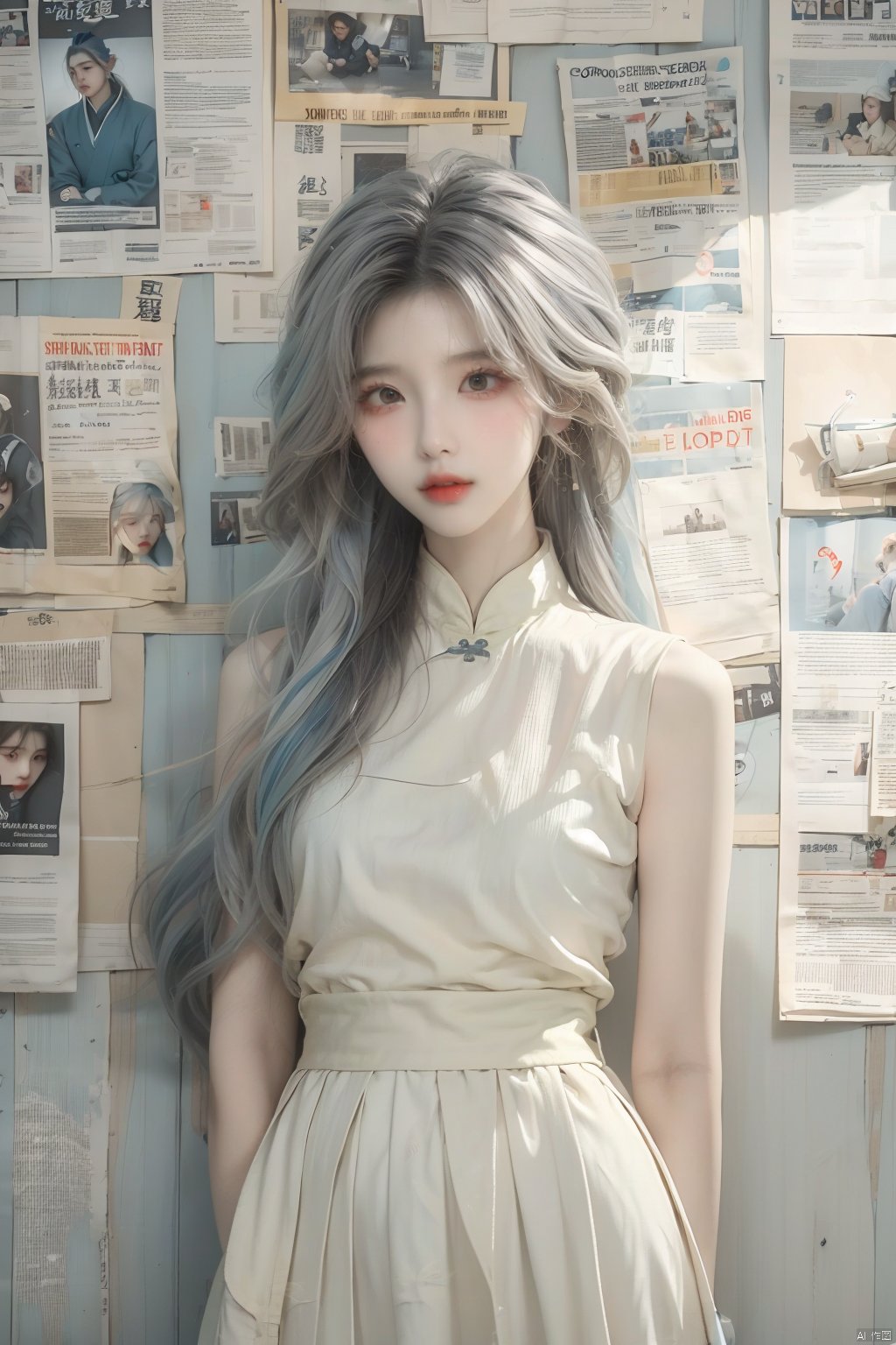  1girl, solo, long hair, looking at viewer,shirt, sleeveless, standing, white shirt, light blue hair, newspaper wall, lips, wall, gray wall, newspaper are covered with walls, Hide hands behind back, body close to the wall, grey eyes, red lips, mjuanlian, (/qingning/), (\ji jian\), (/qingning/), (\shuang hua\), (\xing he\), jiqing