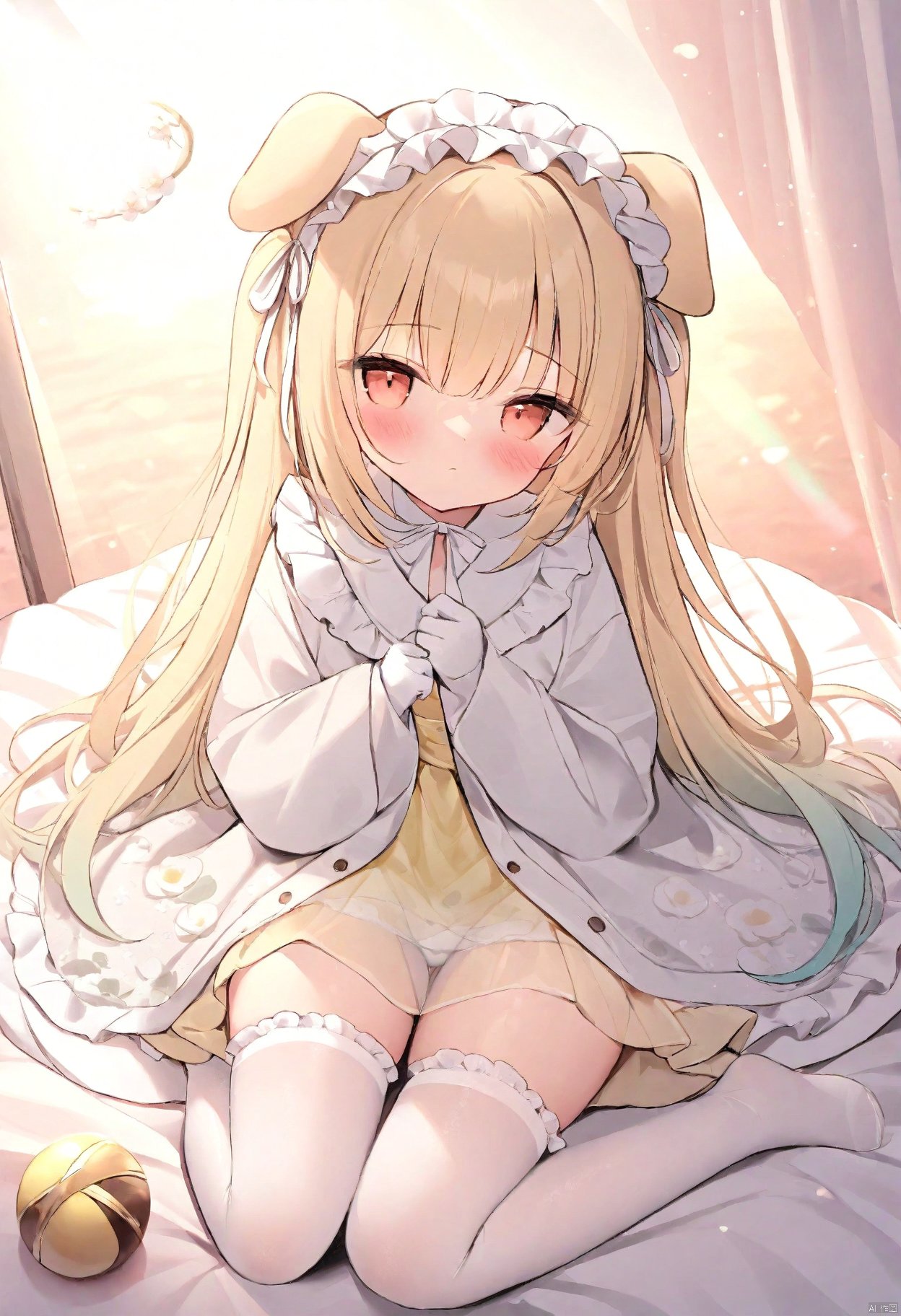 muted color, pastel colors, sunset, dynamic angle, 
 1girl, loli,  blonde hair, gradient hair, very long hair, dress, dog ears, omochi_newest, white background, no shoes, sitting, shiny, breasts, chen bin, cameltoe,
white thighhighs, frilled thighhighs, flower printed, shamed, blush,magical, [[breasts]], looking at viewer, sleeves past wrists, two side up, ribbons, full body, bow, open dress, see through, , sunlight, yellow dress, frilled hairband, half closed eyes, closed mouth, , looking at viewer,, toys, white flower, kimono, white gloves, frills thighs, head tilt, masterpiece, best quality, onnk, sunlight