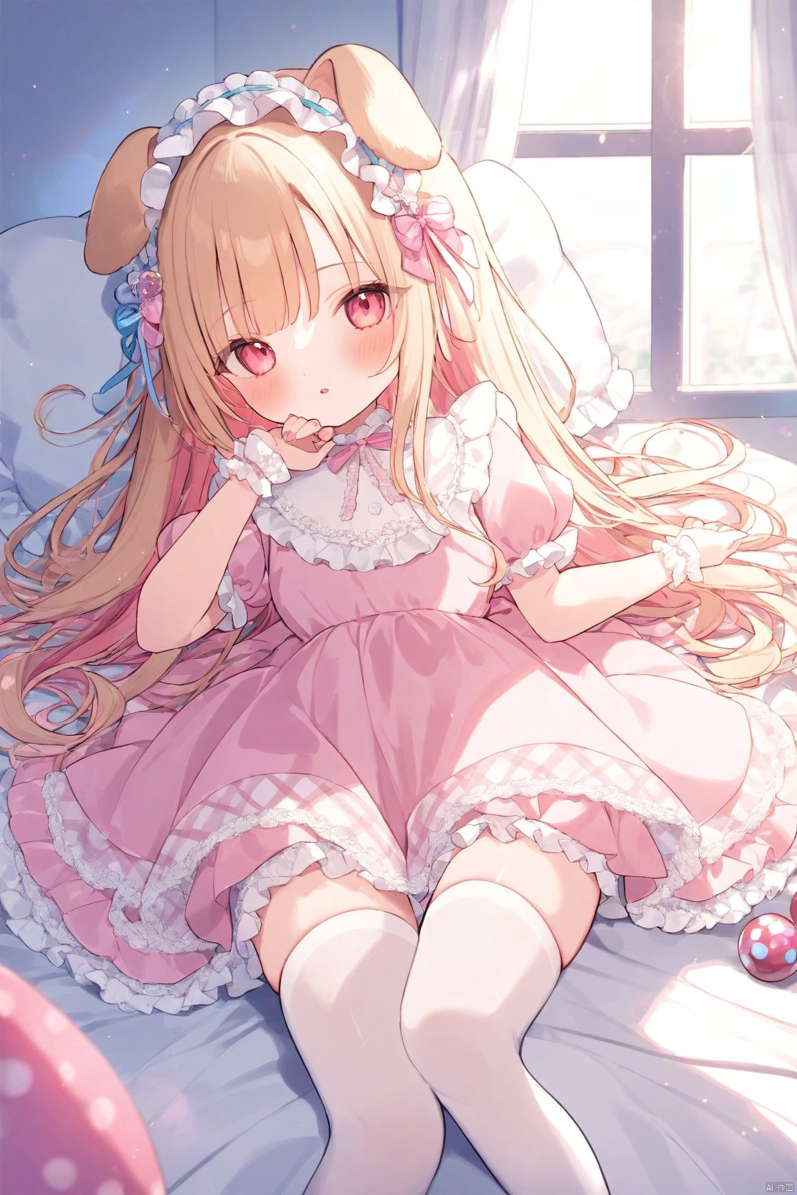  dynamic angle, dog ears,
masterpiece, best quality, illustration, ultra detailed, Depth of field, colorful, loli,1girl, long hair, looking at viewer, bangs, long hair, dress, bow, puffy sleeves, multicolored hair, parted lips, water, pink dress, wrist cuffs, bow, rose,, frilled headband, hair ornaments, fishnets, sunlight, window, certain, white background, omochi_newest, brow hair, no shoes, lying, bed, pillow, room, toys, [breasts], thin, onnk, white thighhighs, frilled thighhighs,