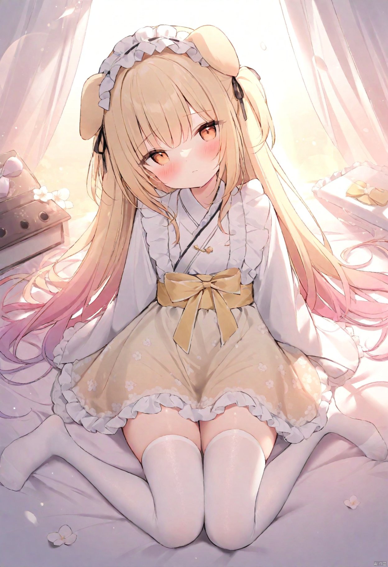 muted color, pastel colors, sunset, dynamic angle, 
 1girl, loli,  blonde hair, gradient hair, very long hair, dress, dog ears, omochi_newest, white background, no shoes, sitting, shiny, breasts, chen bin,
white thighhighs, frilled thighhighs, flower printed, shamed, blush,magical, [[breasts]], looking at viewer, sleeves past wrists, two side up, ribbons, full body, bow, open dress, see through, , sunlight, yellow dress, frilled hairband, half closed eyes, closed mouth, , looking at viewer,, toys, white flower, kimono, white gloves, frills thighs, head tilt, masterpiece, best quality, onnk, sunlight