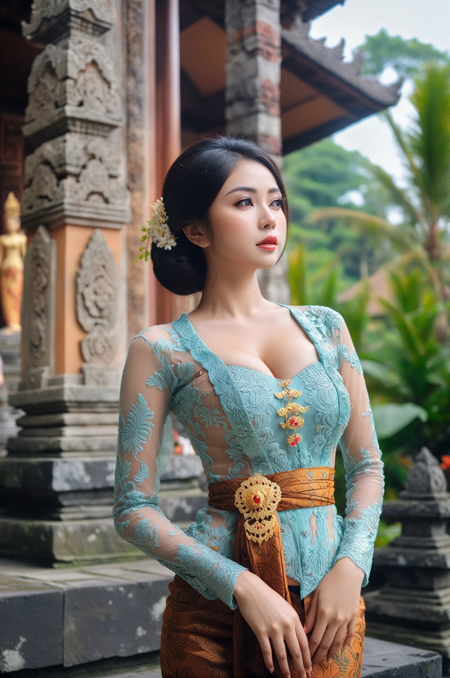 Illustrate a beautiful girl large breast close up dressed in kebaya, set against the backdrop of a Balinese temple. Ensure that the image is photorealistic and of top-quality 8K HDR, capturing every intricate detail of the scene.,kebaya,kebaya indonesia,p3rfect boobs,cleavage