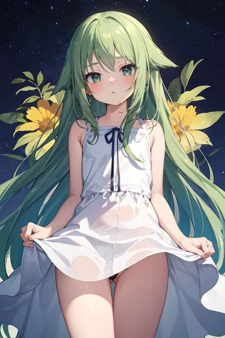 masterpiece, best quality,,   <lora:SayaVN:1>, sayavn, very long hair, green hair, hair flaps, flat chest, pout, puffy cheeks, sundress, skirt lift, thong, standing