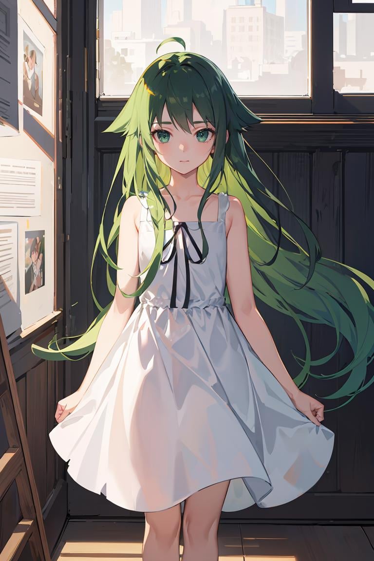 masterpiece, best quality, ultra-detailed, glistening shiny, glowing light, ray tracing, HDR, deph of field, (perfect face, detailed face), <lora:SayaVN:0.7>, sayavn, green hair, long hair, hair flaps, flat chest, sundress, black ribbon, standing, indoors