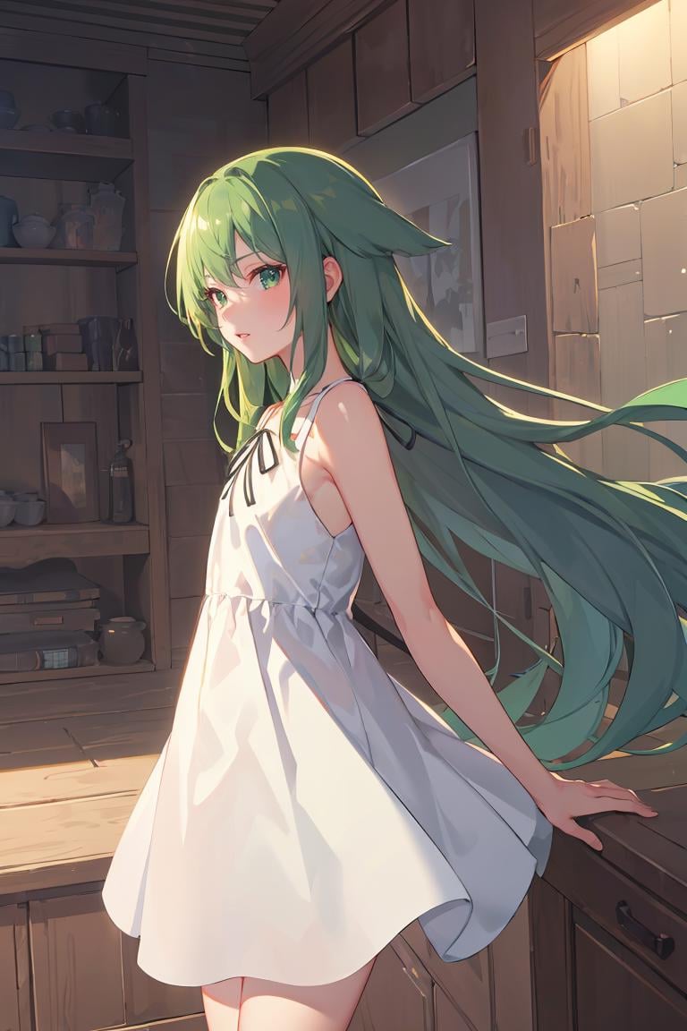 masterpiece, best quality, ultra-detailed, glistening shiny, glowing light, ray tracing, HDR, deph of field, (perfect face, detailed face), <lora:SayaVN:0.7>, sayavn, green hair, long hair, hair flaps, flat chest, sundress, black ribbon, standing, indoors