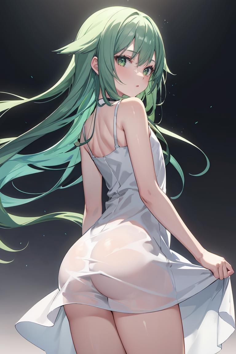 masterpiece, best quality,ultra-detailed , glistening shiny, glowing light, ray tracing, HDR, deph of field, (perfect face, detailed face),   <lora:SayaVN:0.7>, sayavn, very long hair, green hair, hair flaps, flat chest,  sundress, from behind, ass, no panties, standing