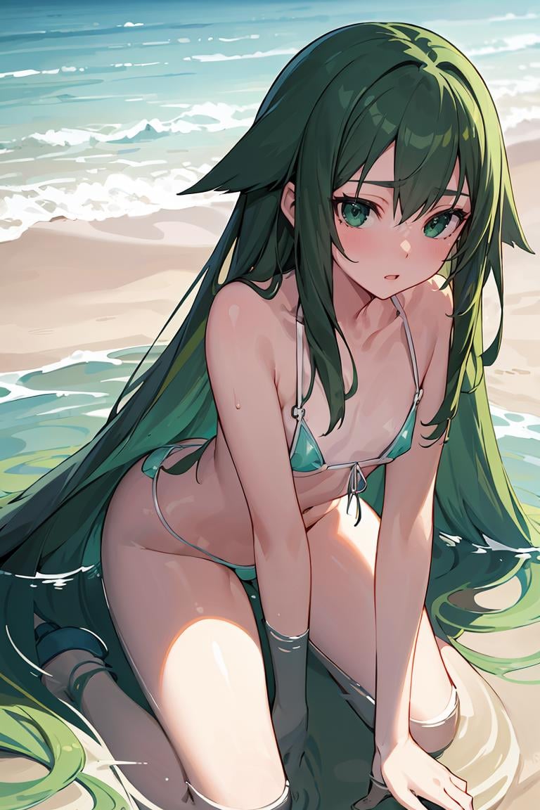 masterpiece, best quality,ultra-detailed , glistening shiny, glowing light, ray tracing, HDR, deph of field, (perfect face, detailed face),   <lora:SayaVN:0.8>, sayavn, very long hair, green hair, hair flaps, flat chest, micro bikini, kneeling, partially submerged, beach