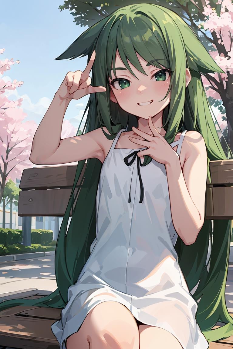 masterpiece, best quality,ultra-detailed , glistening shiny, glowing light, ray tracing, HDR, deph of field, (perfect face, detailed face),   <lora:SayaVN:1>, sayavn, very long hair, green hair, hair flaps, flat chest, grin, v sign, sundress, black ribbon, crossed legs, sitting, on bench, outdoors, sakura